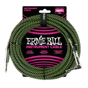 Ernie Ball – 10' Braided Straight / Angle Instrument Cable – Black / Green