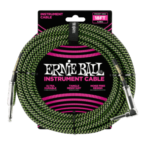 Ernie Ball P06082 Braided Instrument Cable – Straight/Right Angle – 18 ft – Black/Green