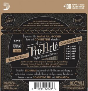 D'Addario Guitar Strings – Pro-ARTE Classical Guitar Strings – EJ45 – Nylon Guitar Strings – Silver Plated Wound, Nylon Core
